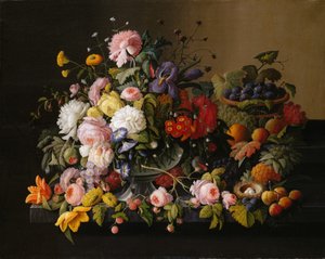 Stilleben: Blomster og frugt