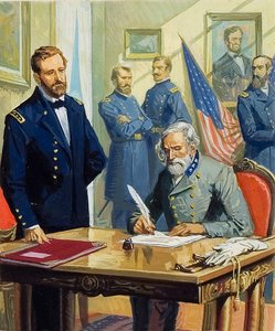 General Ulysses Grant accepterer general Lees overgivelse ved Appomattox af Severino Baraldi