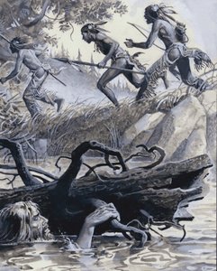 John Colter gemte sig bag noget drivtømmer (gouache på papir) af Severino Baraldi