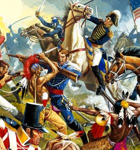 Indianere vs. amerikanske soldater (gouache på papir) af Severino Baraldi