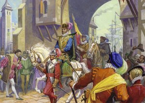 Sir Francis Drake ankommer til Plymouth (gouache på papir) af Severino Baraldi
