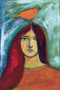 Kvinde med orange fugl af Sharyn Bursic