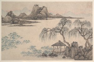 Landscape with Pavilion and Willows (albumblad; blæk og farve på papir) af Shen (attr.to) Zhou