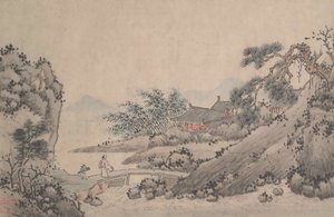 Landskab med mand, der krydser broen. af Shen Zhou