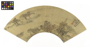 Landskab med pagode, huse og både, 1625, blæk og farver på guldpapir af Sheng Maoye