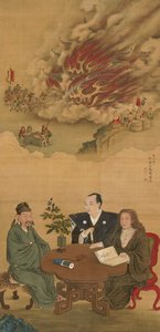 Hængende rulle, der forestiller et møde mellem Japan, Kina og Vesten,