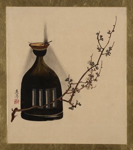 Lakmalerier af forskellige emner: blommegren med olielampe, 1882. af Shibata Zeshin