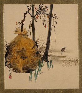 Lakmalerier af forskellige emner: Sneskjul til et træ med spurv, 1882. af Shibata Zeshin
