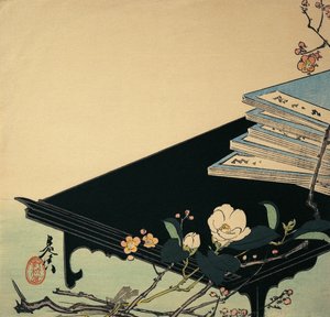 Stak af bøger og blommeblomster på et bord af Shibata Zeshin