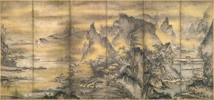 Japansk: 『式部輝忠筆 四季山水図屏風 室町時代 』 Landskab af de fire årstider, et af et par af Shikibu Terutada