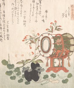 Aoi-plante, kirsebærblomster, tromme og eboshihat, der repræsenterer Aoi-kapitlet i ..., 1800-tallet.