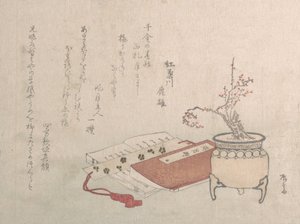 Potted Plum Tree in Blossom and Books, 1800-tallet., 1800-tallet. af Shinsai