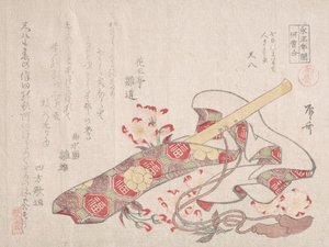 Shakuhachi, en slags bambusfløjte, med dens dæksel og kirsebærblomster, 1800-tallet., 1800-tallet