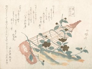 Søde fisk fra Nagara-floden, med kurve og blomster, 1800-tallet., 1800-tallet. af Shinsai