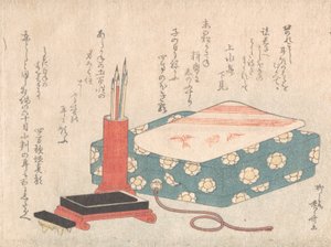 Skrivesæt og digtkortæske Shikishi-bako, fra Spring Rain Surimono Album Har..., ca. 1805-10. af Shinsai