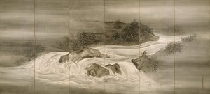Flodlandskab med ildfluer, 1874 af Shiokawa Bunrin