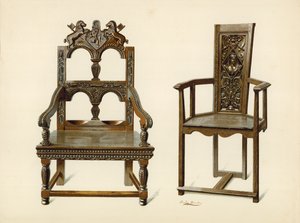 Oak Cacqueteuse stol, ejendom tilhørende Percy Macquoid; Taksstol, ejendom tilhørende hertugen af Leeds (chromolitho) af Shirley Charles Llewellyn Slocombe