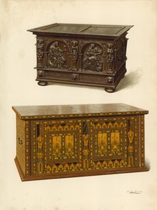 Oak Chest, ejendom tilhørende Seymour Lucas; Eg indlagt Nonesuch kiste (chromolitho) af Shirley Charles Llewellyn Slocombe