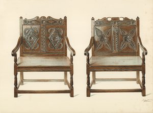 Oak Double Chairs (walisisk), ejendom tilhørende H Clarence Whaite (chromolitho) af Shirley Charles Llewellyn Slocombe