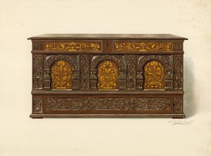 Oak Inlaid Chest, ejendom af Arthur James (chromolitho) af Shirley Charles Llewellyn Slocombe