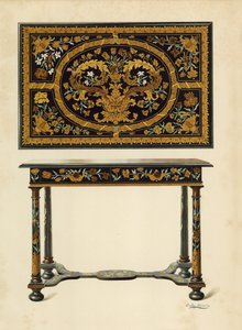 Bord indlagt med Marqueterie, ejendom tilhørende Lord Zouche af Haryngworth (chromolitho)