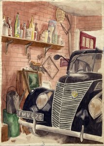 Bil i garage, c1950. af Shirley Markham