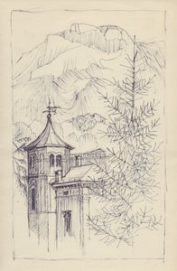 Kirke og bjerge, Italien, c1950. af Shirley Markham
