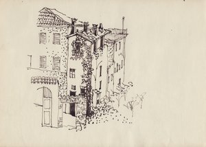 Hus med mansardtag, Italien, c1950. af Shirley Markham