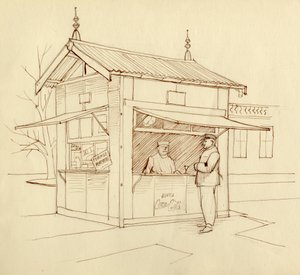 Kiosk sælger drikkevarer, Paris, Frankrig, c1951. af Shirley Markham
