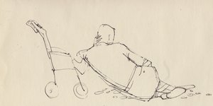 Mand lænet op ad klapvogn på stranden, c1950. af Shirley Markham