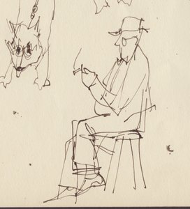 Siddende mand og hund studier, c1950. af Shirley Markham