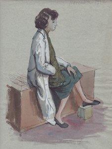 Siddende kvinde i hvid frakke, 1952. af Shirley Markham