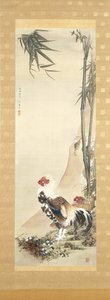 Cock And Hen (blæk og farve på silke) af Shiseki So Kankaku