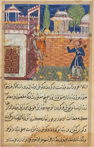 Side fra Tales of a Parrot Tuti-nama: Ottende nat: Den bedrageriske hustru vender tilbage..., 1558-1560. af Shravana
