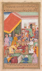 Timur uddeler gaver fra sit barnebarn, prinsen af Multan, fra en Zafar-nama (Sejrenes Bog) af Shravana
