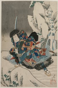 Nakamura Utaemon IV som en kriger, der står i sneen af Shunbaisai Hokuei