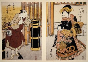 Skuespillerne Arashi Kichisaburo II og Kano Minshi i en scene fra et Kabuki-skuespil, ca. 1813-15 (træsnit)
