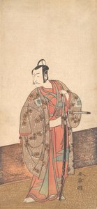 Skuespilleren Ichikawa Danjuro V står inde i et hus og foran en engawa, ca. 1772. af Shunsho