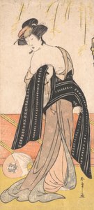 Skuespilleren Nakamura Riko som en Oiran, der binder hendes Obi, ca. 1779.