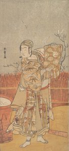 Skuespilleren Sawamura Sojuro III holder et stykke brokade op, slutningen af det 18. århundrede. af Shunsho