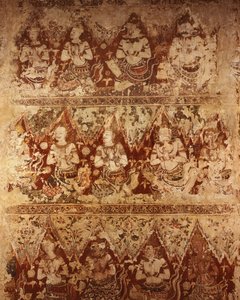 Vægmalerier, der viser himmelske guddomme, der stammer fra det tidlige 18. århundredes Ayutthaya-periode (maling på sten)