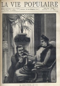 En mand på knæ holder hånden på en elegant kvinde, der sidder i en borgerlig stue, iført sin frakke, et ærme og et pelstørklæde. Illustration til Le Seducteur par Gyp (Sibylle Gabrielle Marie Antoinette Riquetti de Mirabeau, grevinde af Martel d.