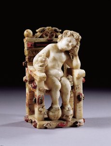 Figur af det spæde Kristusbarn siddende på en trone, tidligt i det 17. århundrede (forgyldt polykrom udskåret alabast)