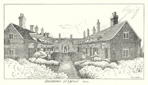 Almshuse i Lyford, Berks (gravering) af Sidney Heath