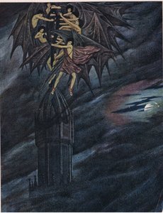 Lucifer og hans engle skynder sig! Skynd dig! O I ånder, træk det tunge kors af jern fra dens station