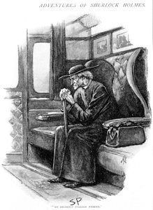 Arthur Conan Doyle The Adventure of the Final Problem Strand Magazine, London, 1893. Illustreret af Sidney E. Paget (1860-1908), den første kunstner, der tegnede Holmes. Holmes, som gammel italiensk præst, venter på, at Boat Train trækker ud af Victoria St af Sidney Paget