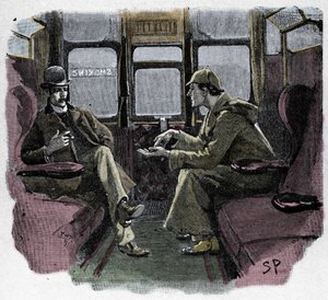 Silver Blaze: Sydney Pagets illustration af et Sherlock Holmes-eventyr. Den berømte detektiv er repræsenteret med Dr. Watson på et tog. Udgivet på "The Strand Magazine". Nyheder af Conan Doyle. 1892.
