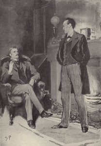 Så stod han ved bålet: scene fra Sherlock Holmes-mysteriet A Scandal in Bohemia, af Arthur Conan Doyle (litho)