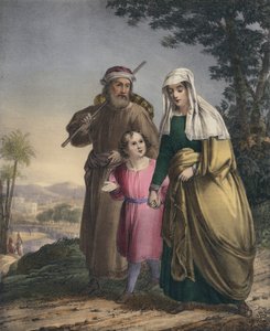 Jesus vender tilbage med sine forældre til Nazareth (farvet indgravering) af Siegfried Detler Bendixen