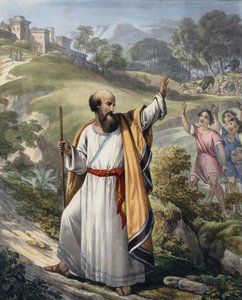 Små børn håner Elisha (farvet gravering) af Siegfried Detler Bendixen